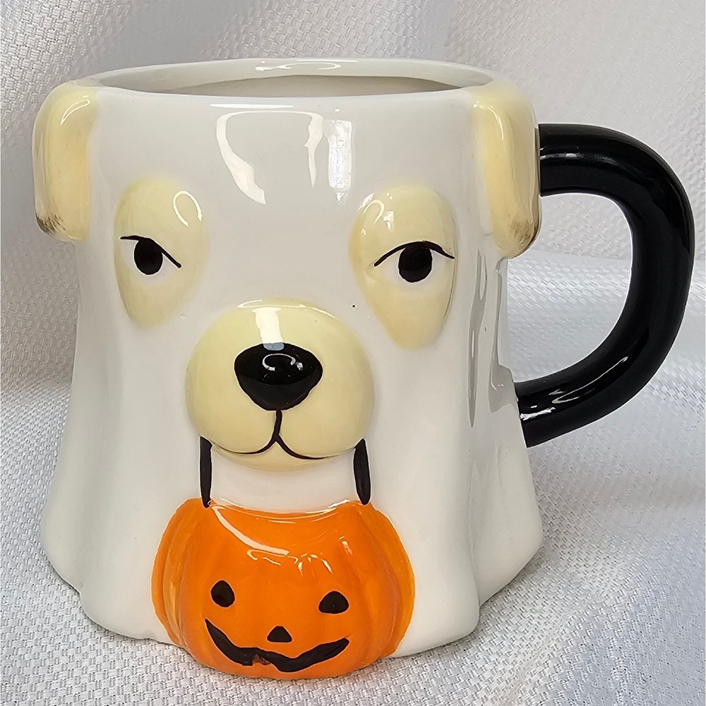 Trick & Treat Halloween Ghost Dog Ceramic Mug Pumpkin Jack-O-Lantern White 4.25"